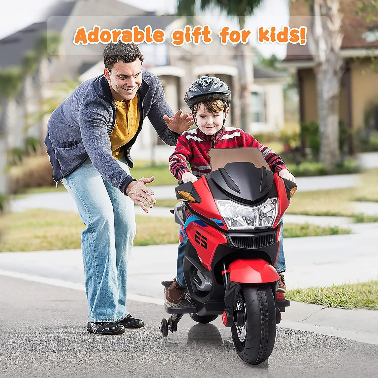 12V 7A Kids Electric Motorcycle Battery Powered Ride On Toy with Training Wheels for Age 3 