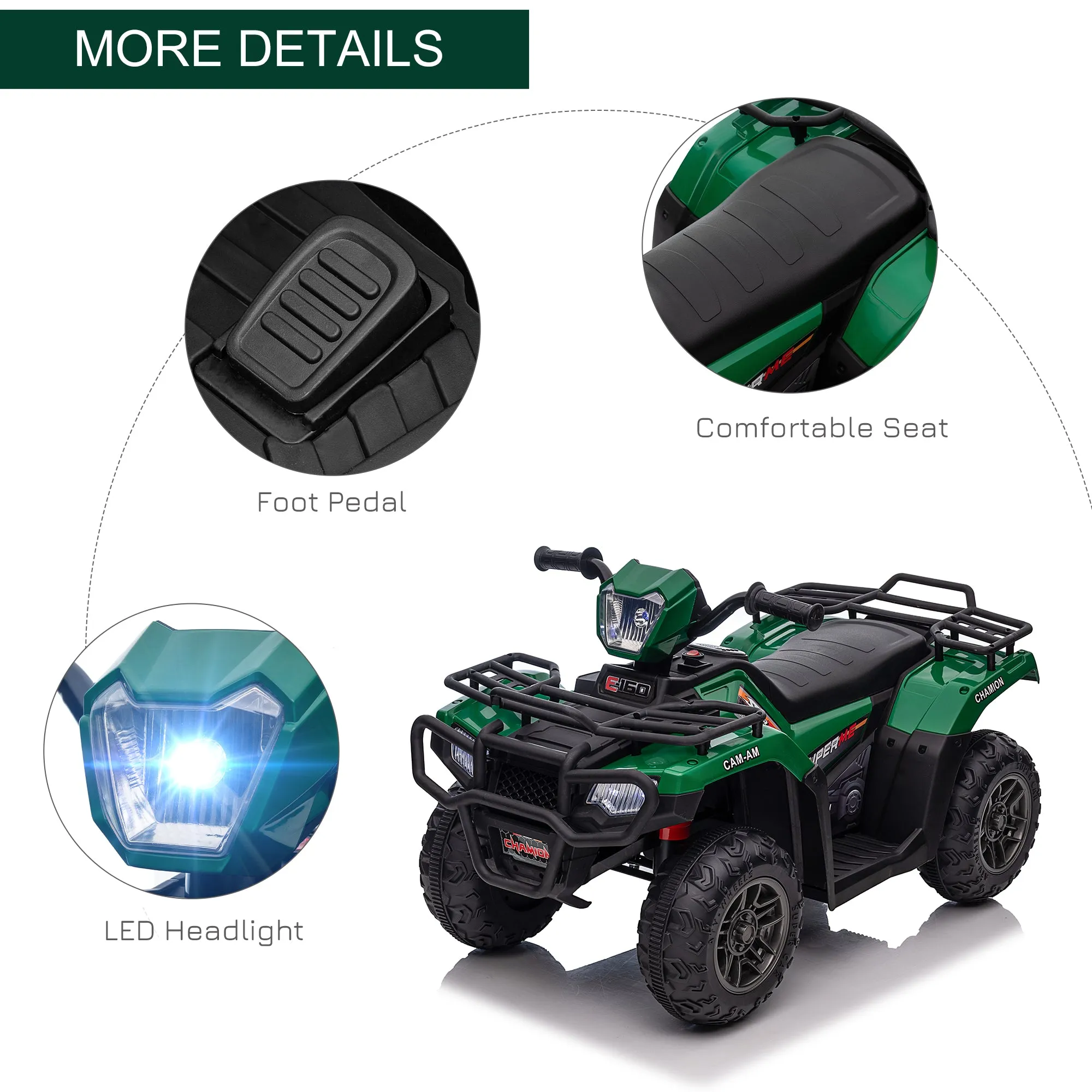 12V Electric Quad Bike for Kids w/ LED Headlights, Music - Green