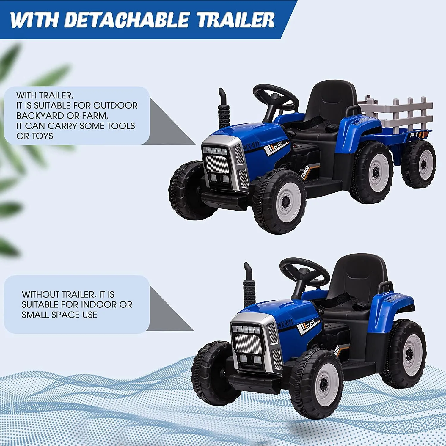 12V Kids Electric Tractor Battery Powered Ride on Toy with Detachable Large Trailer for Age 3 , Blue