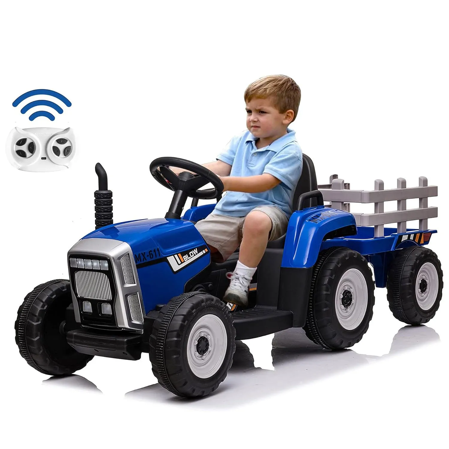 12V Kids Electric Tractor Battery Powered Ride on Toy with Detachable Large Trailer for Age 3 , Blue