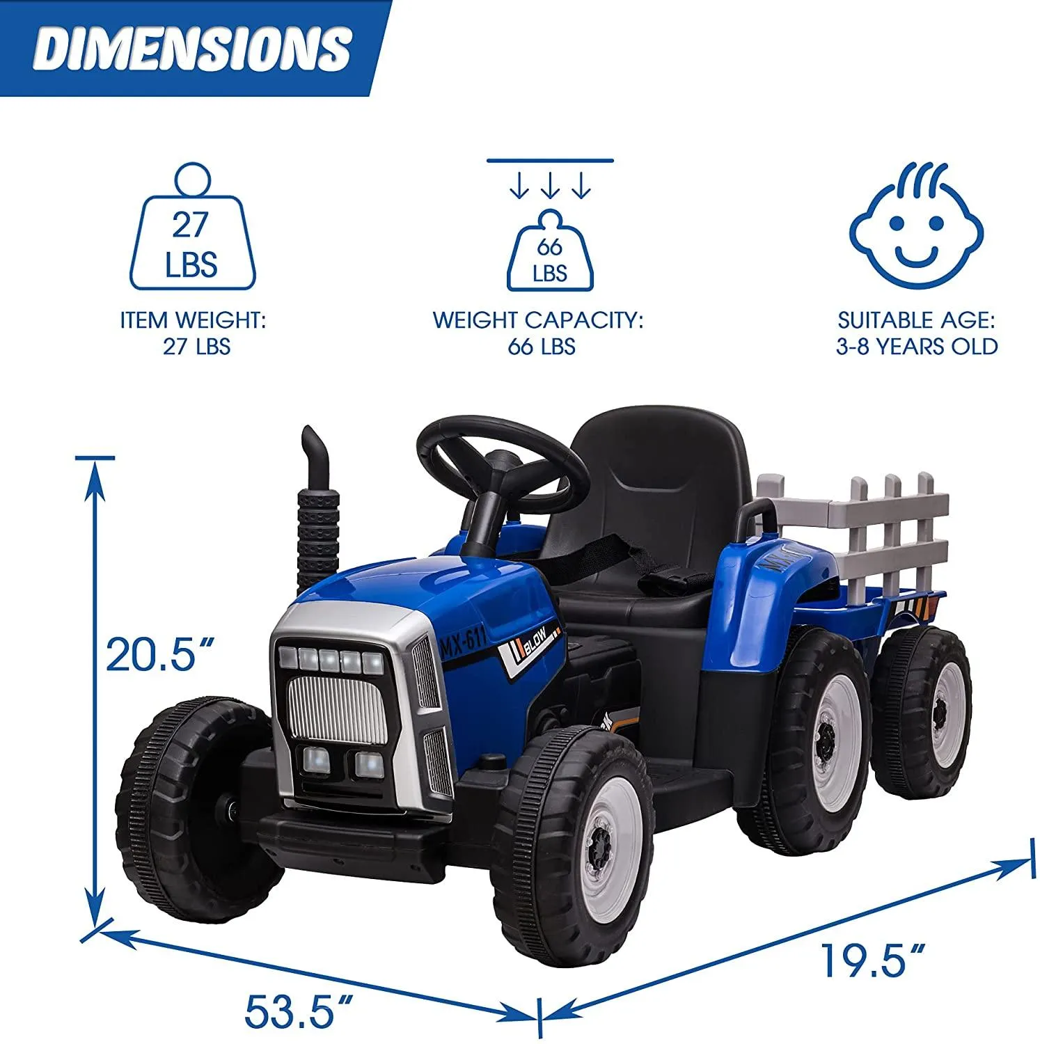 12V Kids Electric Tractor Battery Powered Ride on Toy with Detachable Large Trailer for Age 3 , Blue