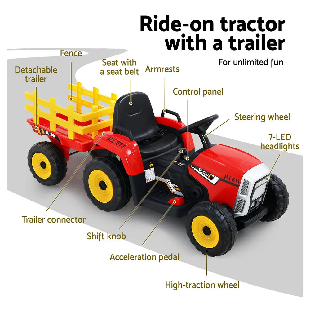 12V Kids Ride On Car Tractor with Trailer, Music - Rigo