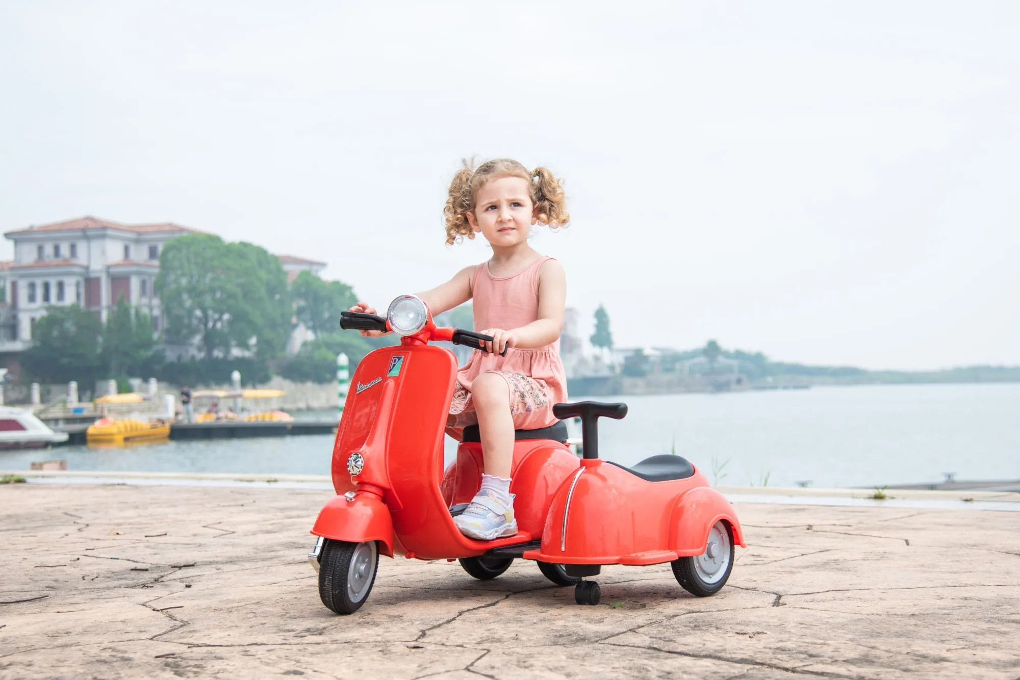 6V LICENSED Vespa Scooter Motorcycle with Side Car for kids, Red