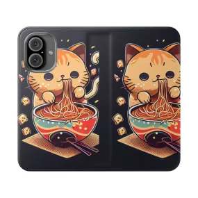 Adorable Japanese Cat Eating Ramen Noodles Flip Phone Case