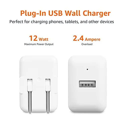 Amazon Basics 12W One Port USB-A Wall Charger (2.4A) for Phones (iPhone 16/15/14/13/12/11/X, Samsung, and more), Pack of 2, White