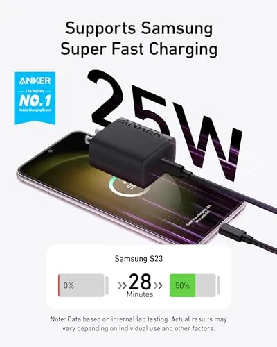 Anker 25W USB-C Super Fast Charger, Anker Charger (Non-Foldable) with USBC Cable, Supports PPS Fast Charging for Samsung Galaxy S23 Ultra/S23 /S23/S22/S21/S20/Note 20, & More 2Pack 5ft Cable Included