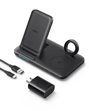 Anker Foldable 3-in-1 Wireless Charging Station with Adapter, Wireless Charger (Works with Original 1m/3.3ft USB-A Cable, Not Included)