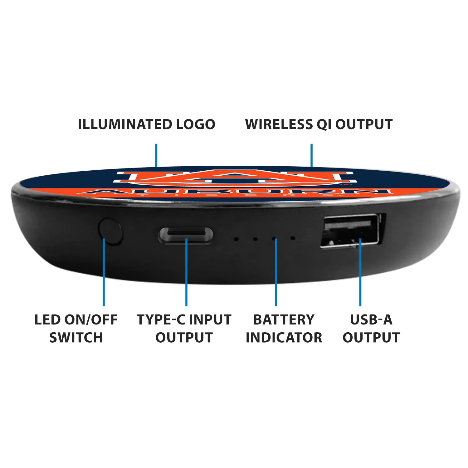 Auburn University Qi Wireless Charger With Illuminated Tigers Logo & Built-In Power bank