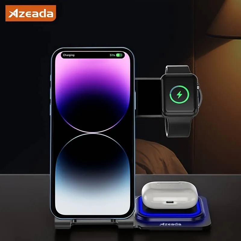 Azeada PD-W19 Metal 3 in 1 Wireless Charger Stand - Blue