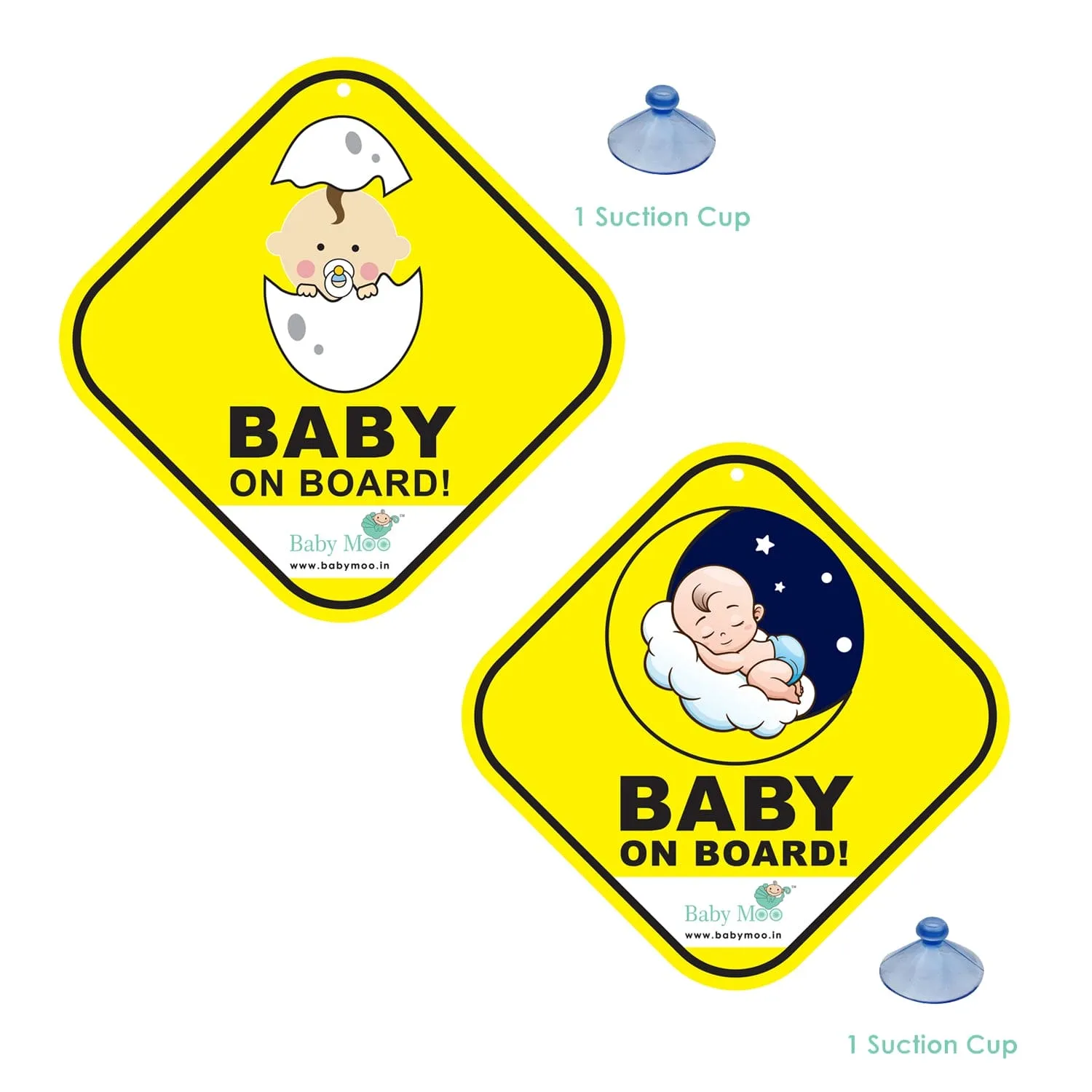 Baby Moo Car Safety Sign Snoozing Angel Baby On Board With Suction Cup Clip 2 Pack - Yellow