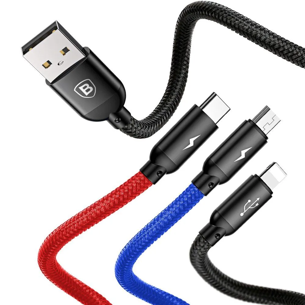 Baseus 3 in 1 - Type C, Lightning & Micro USB Data Charging Cable 120cm - Black