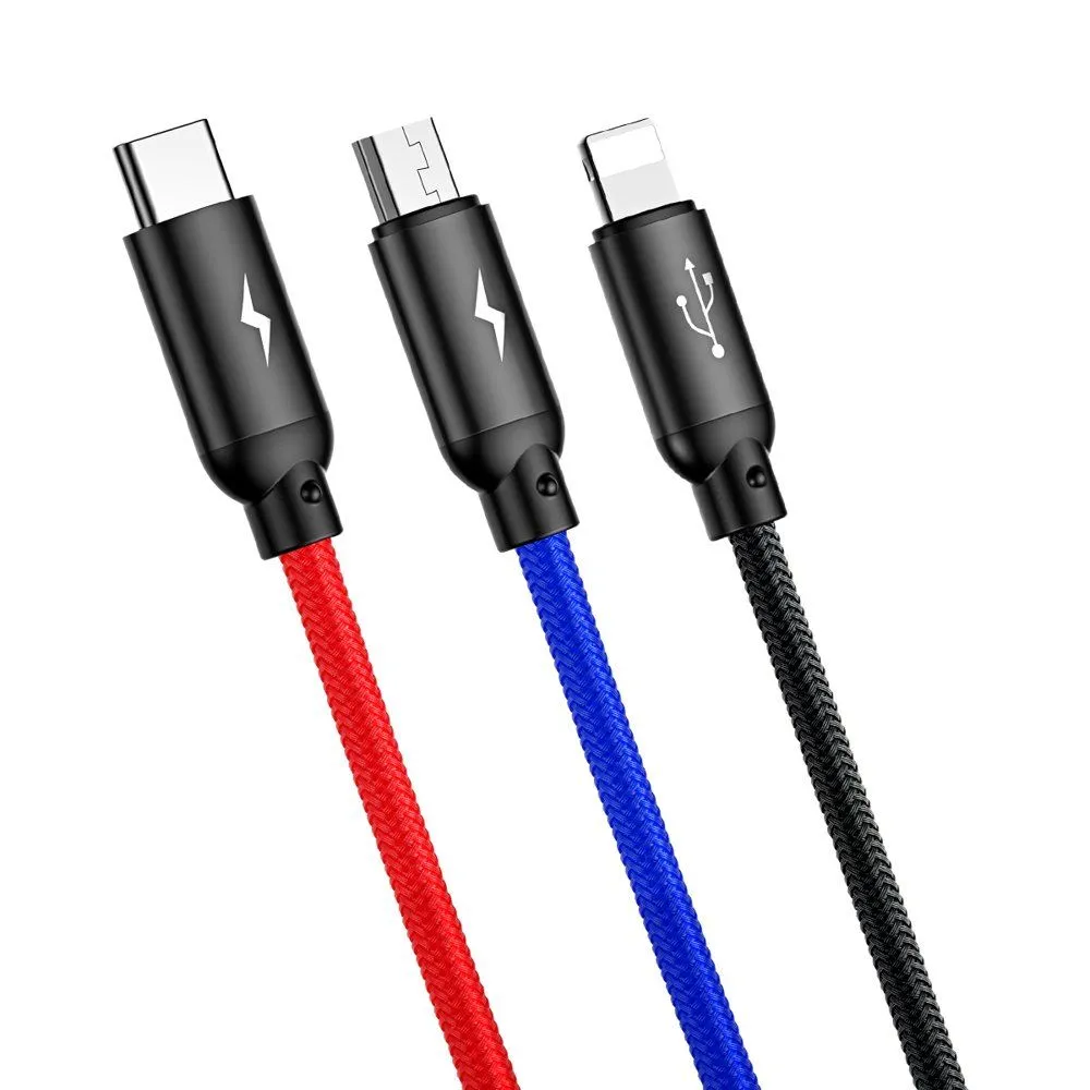 Baseus 3 in 1 - Type C, Lightning & Micro USB Data Charging Cable 120cm - Black