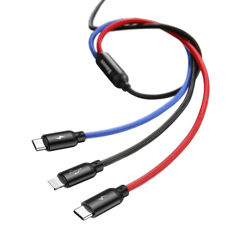 Baseus 3 in 1 - Type C, Lightning & Micro USB Data Charging Cable 120cm - Black