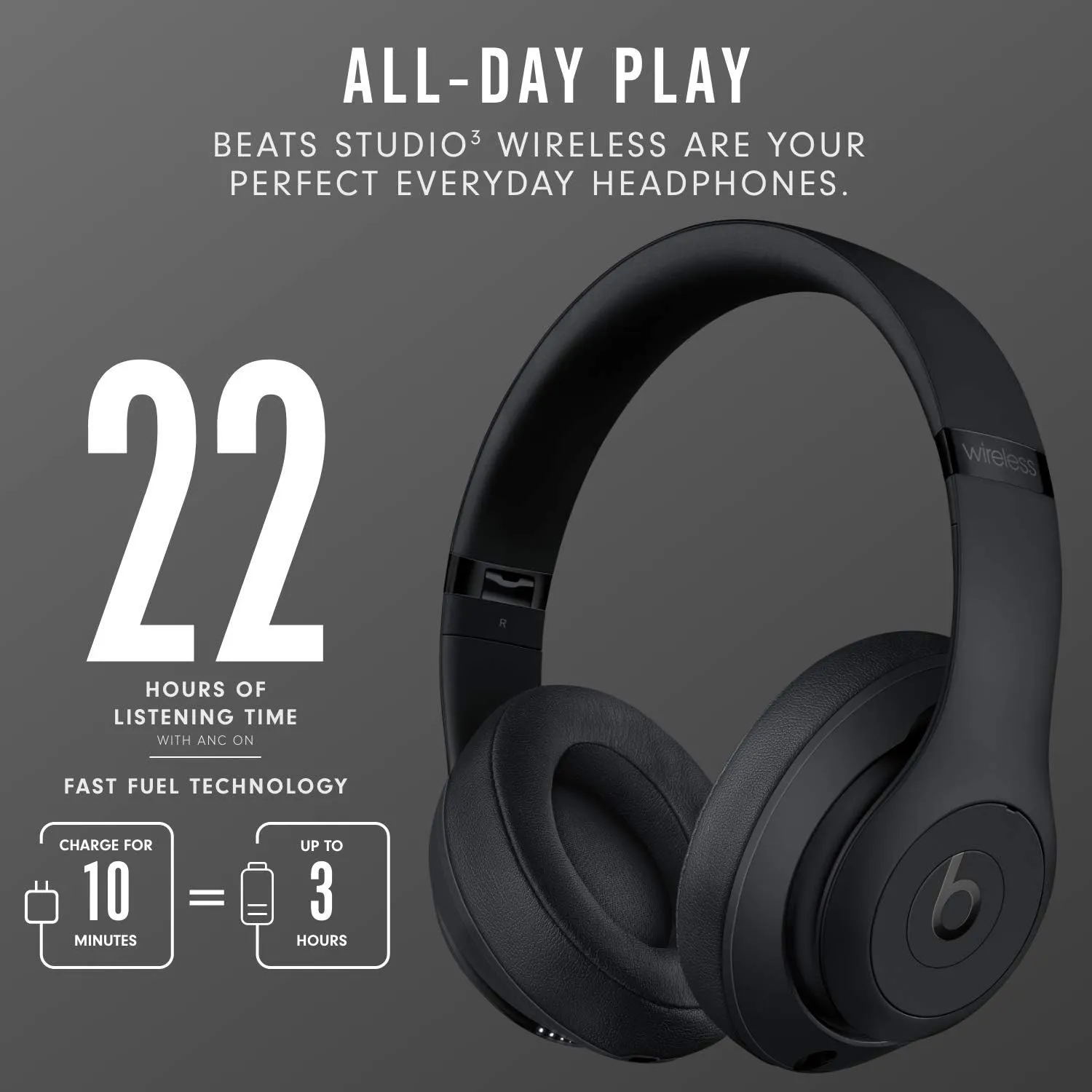 Beats Studio3 Wireless Over-Ear Headphones - Active Noise Cancelling, 22-Hour Battery, Apple W1 Chip, Bluetooth, Matte Black