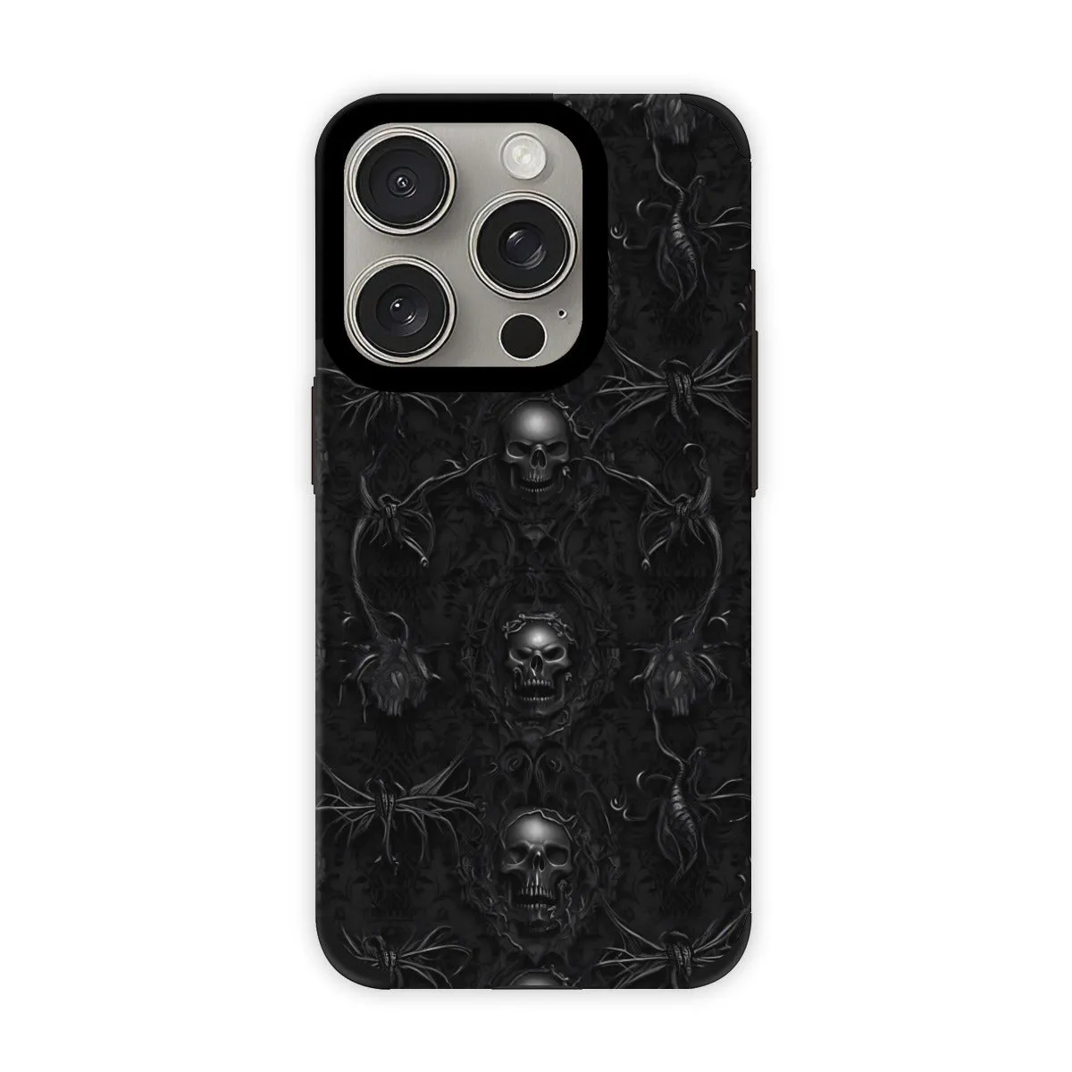 Black Skulls & Vines iPhone 15 Pro Leather Protective Case