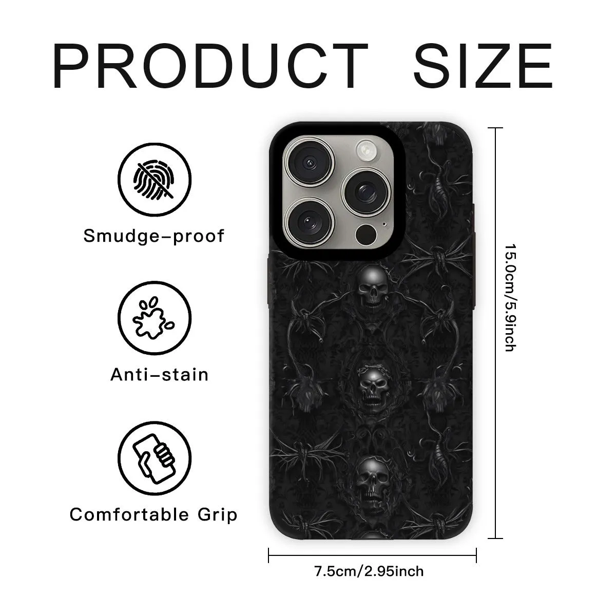 Black Skulls & Vines iPhone 15 Pro Leather Protective Case