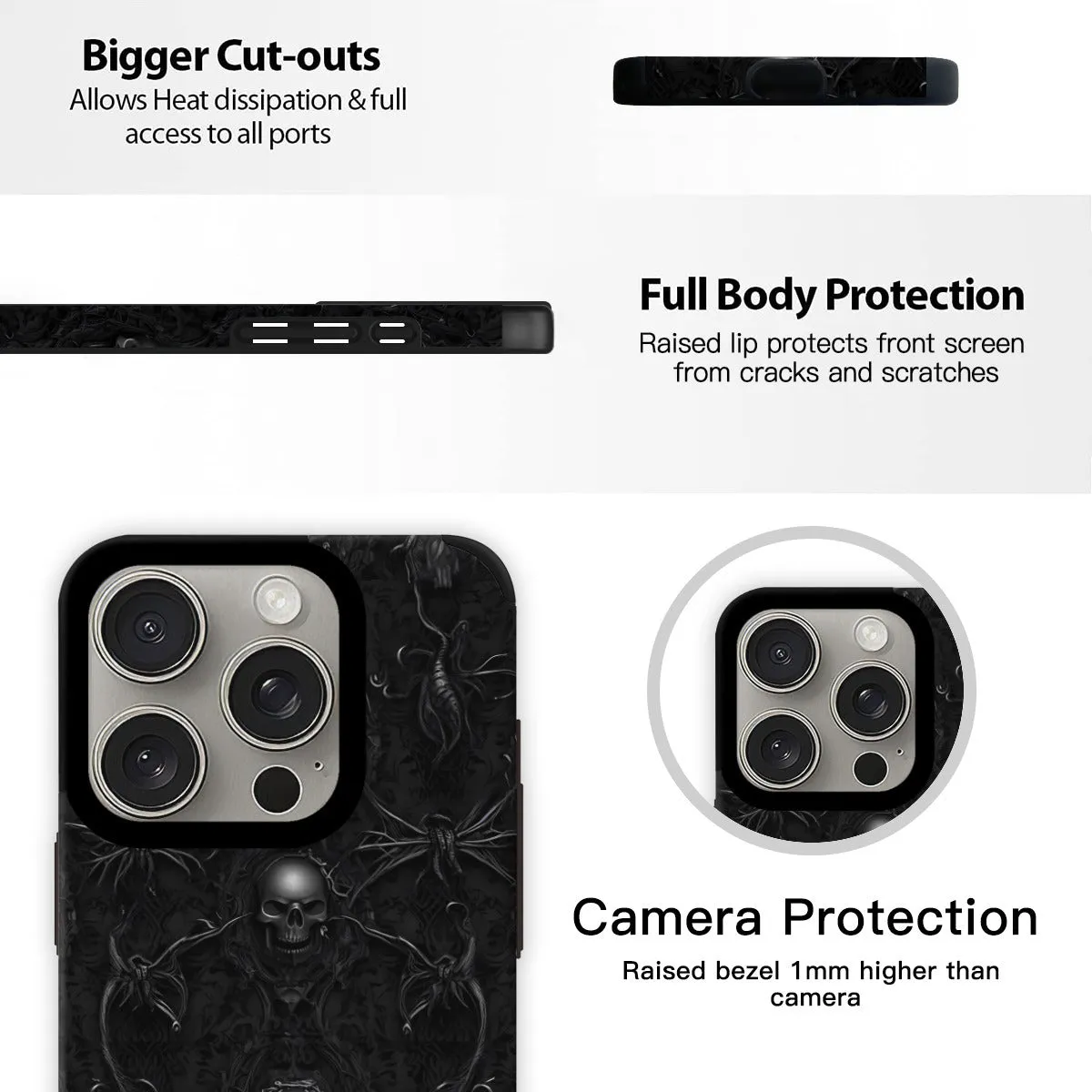 Black Skulls & Vines iPhone 15 Pro Leather Protective Case