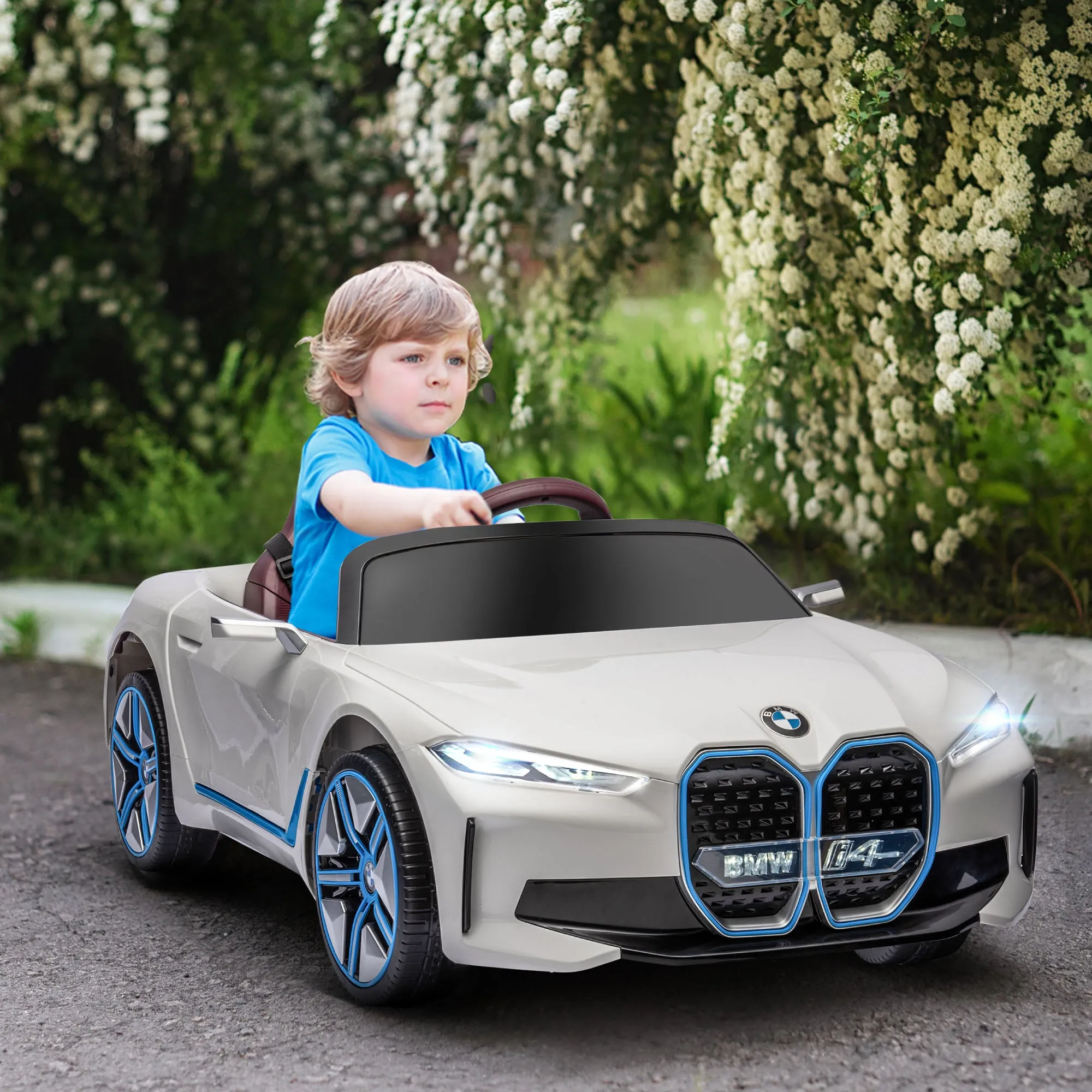 BMW i4 Licensed 12V Kids Electric Ride on Car w/ Remote Control, Powered Electric Car w/ Portable Battery, Music, for Kids Aged 3-6, White