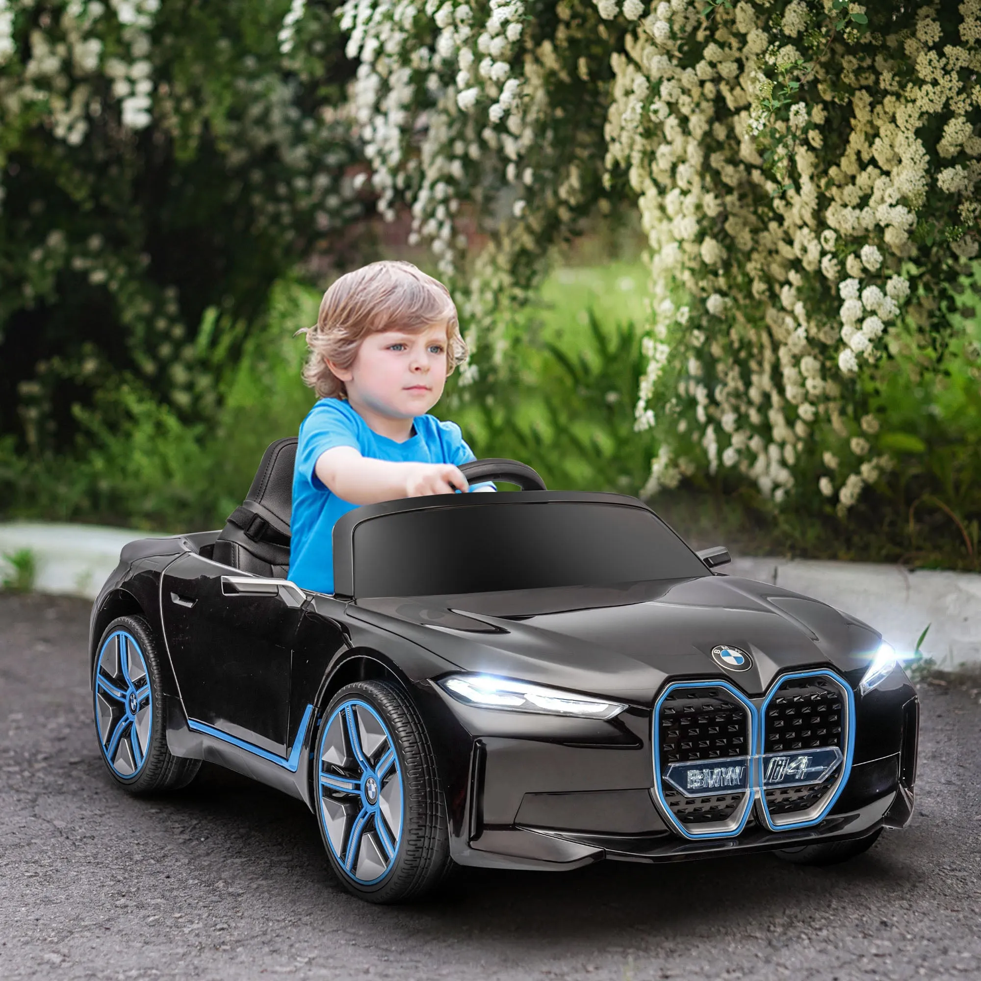 BMW i4 Licensed 12V Kids Electric Ride on Car w/ Remote Control, Powered Electric Car w/ Portable Battery, Music, Horn, Headlights