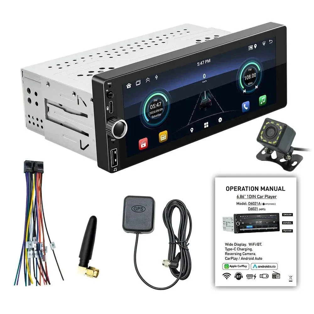 Car Stereo Single-Din GPS Navigation with 6.86 Inch Touchscreen Carplay Android Auto Support WiFi/BT with Rear Camera