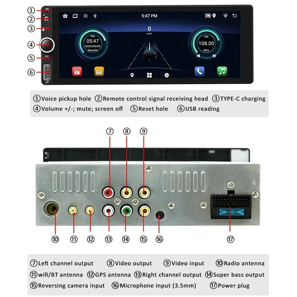 Car Stereo Single-Din GPS Navigation with 6.86 Inch Touchscreen Carplay Android Auto Support WiFi/BT with Rear Camera