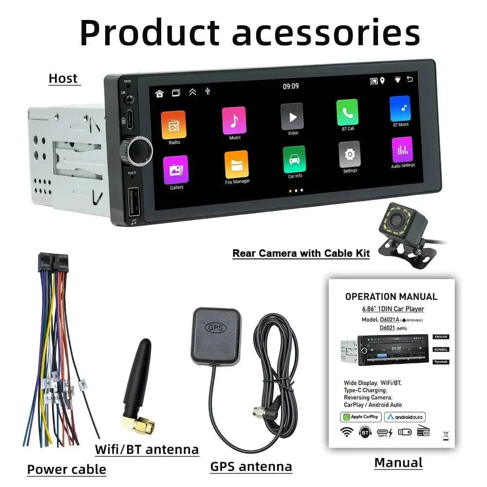 Car Stereo Single-Din GPS Navigation with 6.86 Inch Touchscreen Carplay Android Auto Support WiFi/BT with Rear Camera