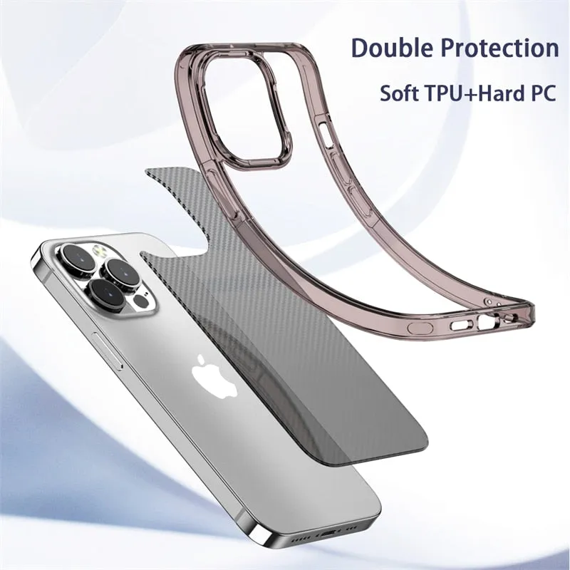 Carbon Fiber Transparent Shockproof Case For iPhone 13 12 Pro Max Clear Soft TPU Bumper Hard PC Back Cover For iPhone 13 12 Mini