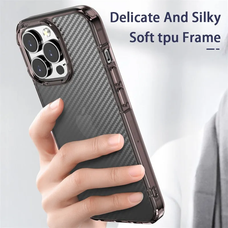 Carbon Fiber Transparent Shockproof Case For iPhone 13 12 Pro Max Clear Soft TPU Bumper Hard PC Back Cover For iPhone 13 12 Mini