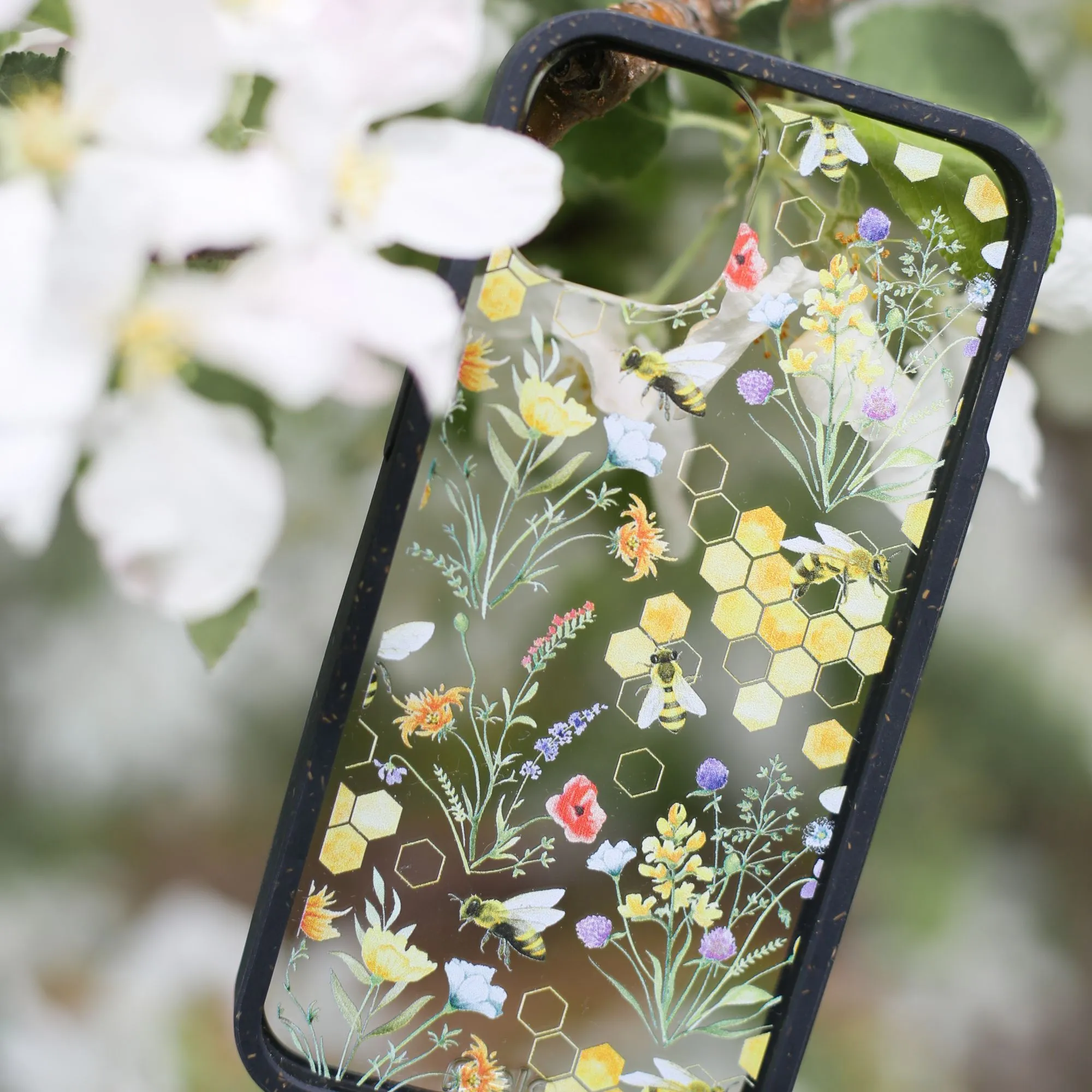 Clear Sweet Bees iPhone 13 Case With Black Ridge