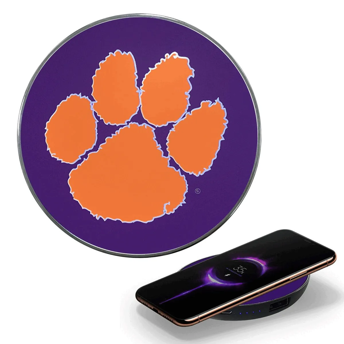 Clemson University Qi Wireless Charger With Illuminated Tigers Logo & Built-In Power bank