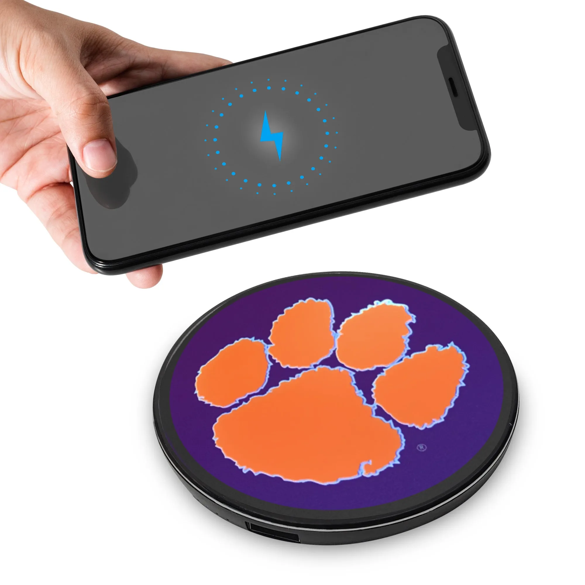 Clemson University Qi Wireless Charger With Illuminated Tigers Logo & Built-In Power bank