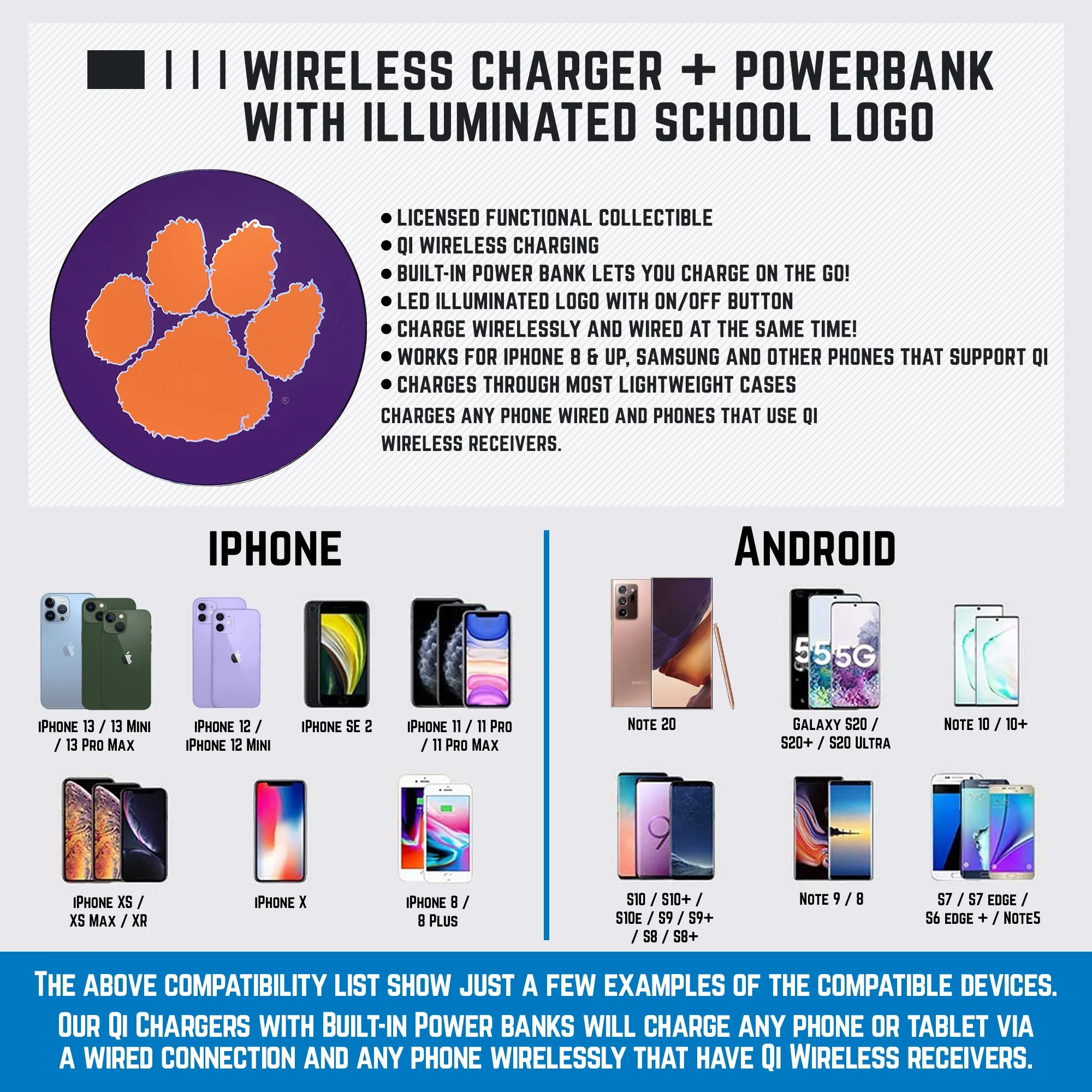 Clemson University Qi Wireless Charger With Illuminated Tigers Logo & Built-In Power bank