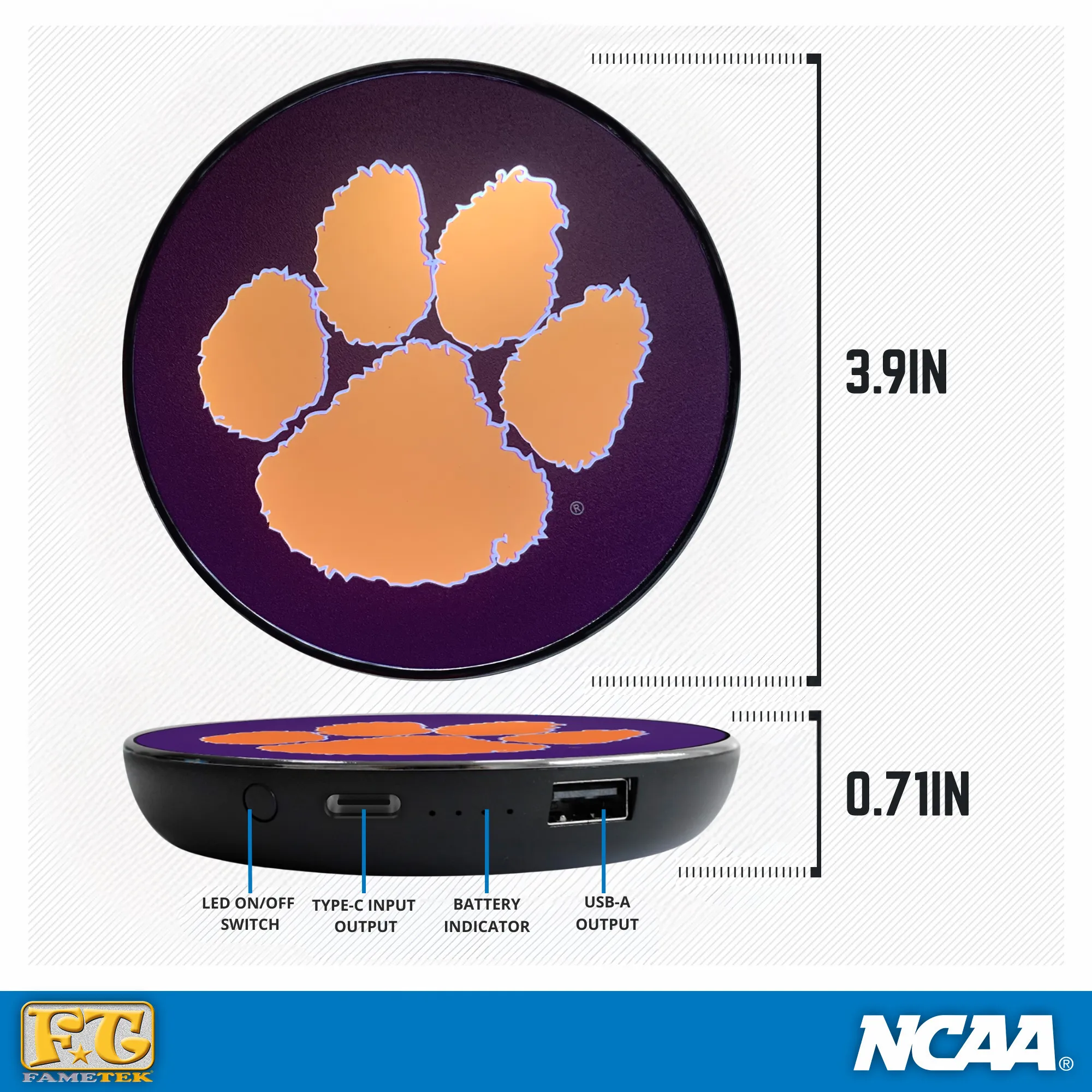 Clemson University Qi Wireless Charger With Illuminated Tigers Logo & Built-In Power bank