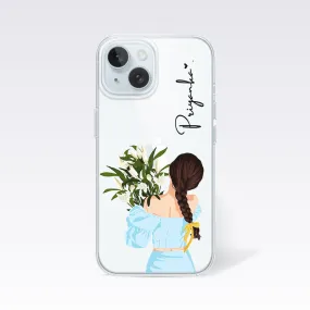 Cute Girl in Blue with Flowers Custom Name Clear Silicon Cover