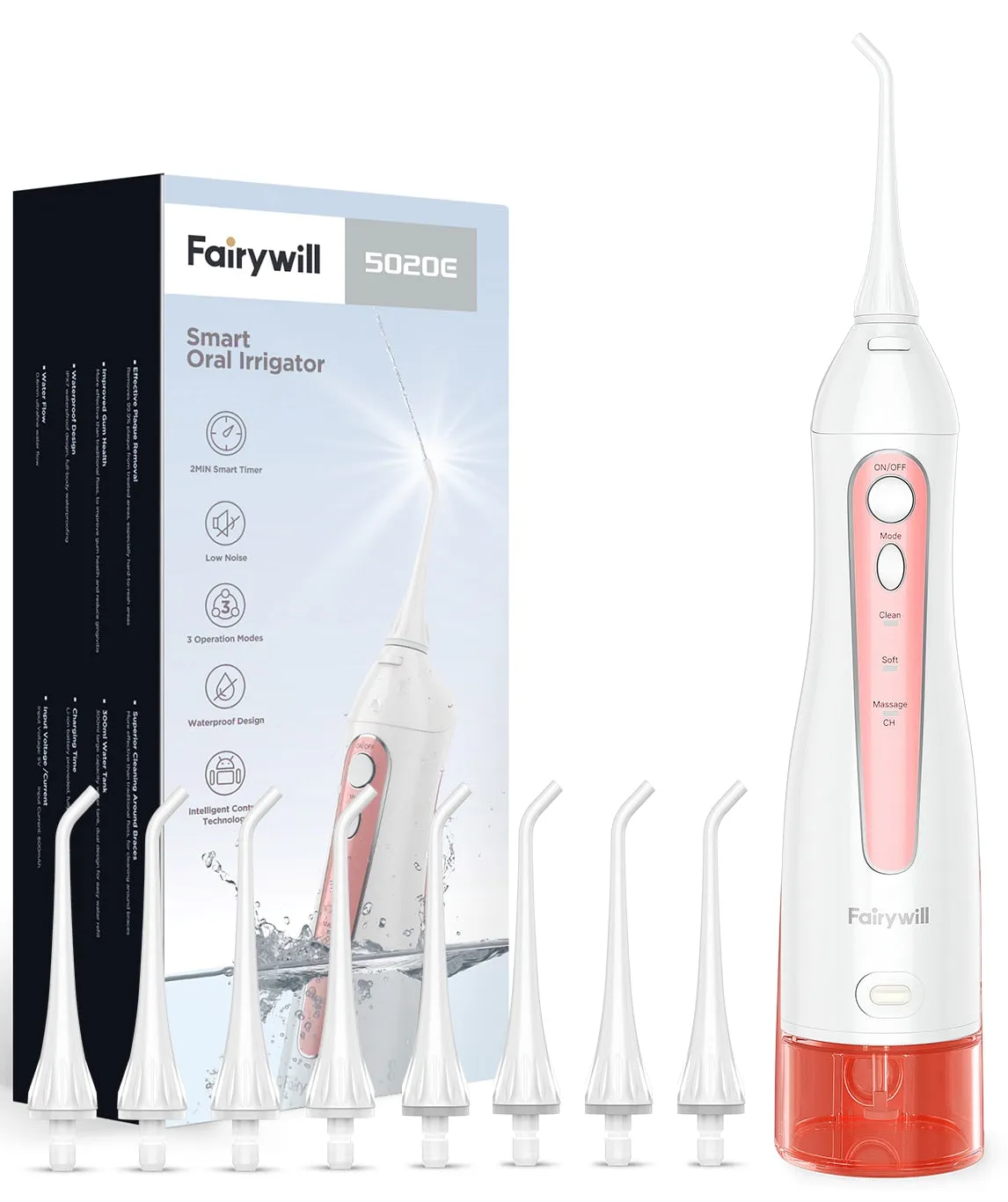 Fairywill Water Flossers for Teeth 300ML Oral Irrigator Rechargeable Portable Dental 3 Modes Water Tank Waterproof Teeth Cleaner