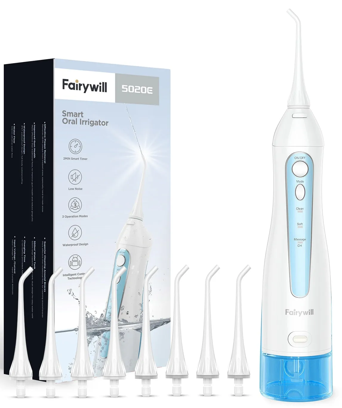 Fairywill Water Flossers for Teeth 300ML Oral Irrigator Rechargeable Portable Dental 3 Modes Water Tank Waterproof Teeth Cleaner