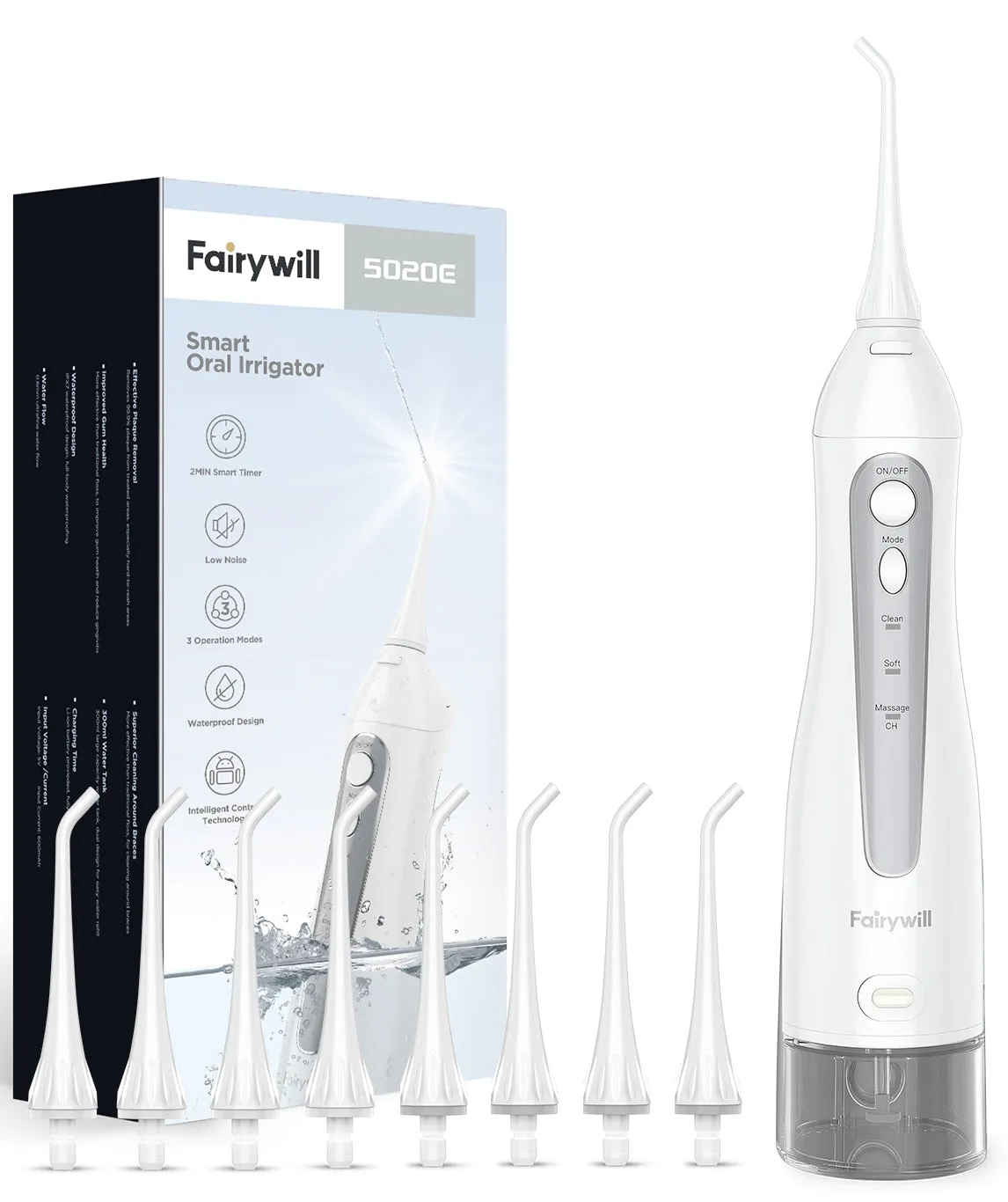 Fairywill Water Flossers for Teeth 300ML Oral Irrigator Rechargeable Portable Dental 3 Modes Water Tank Waterproof Teeth Cleaner