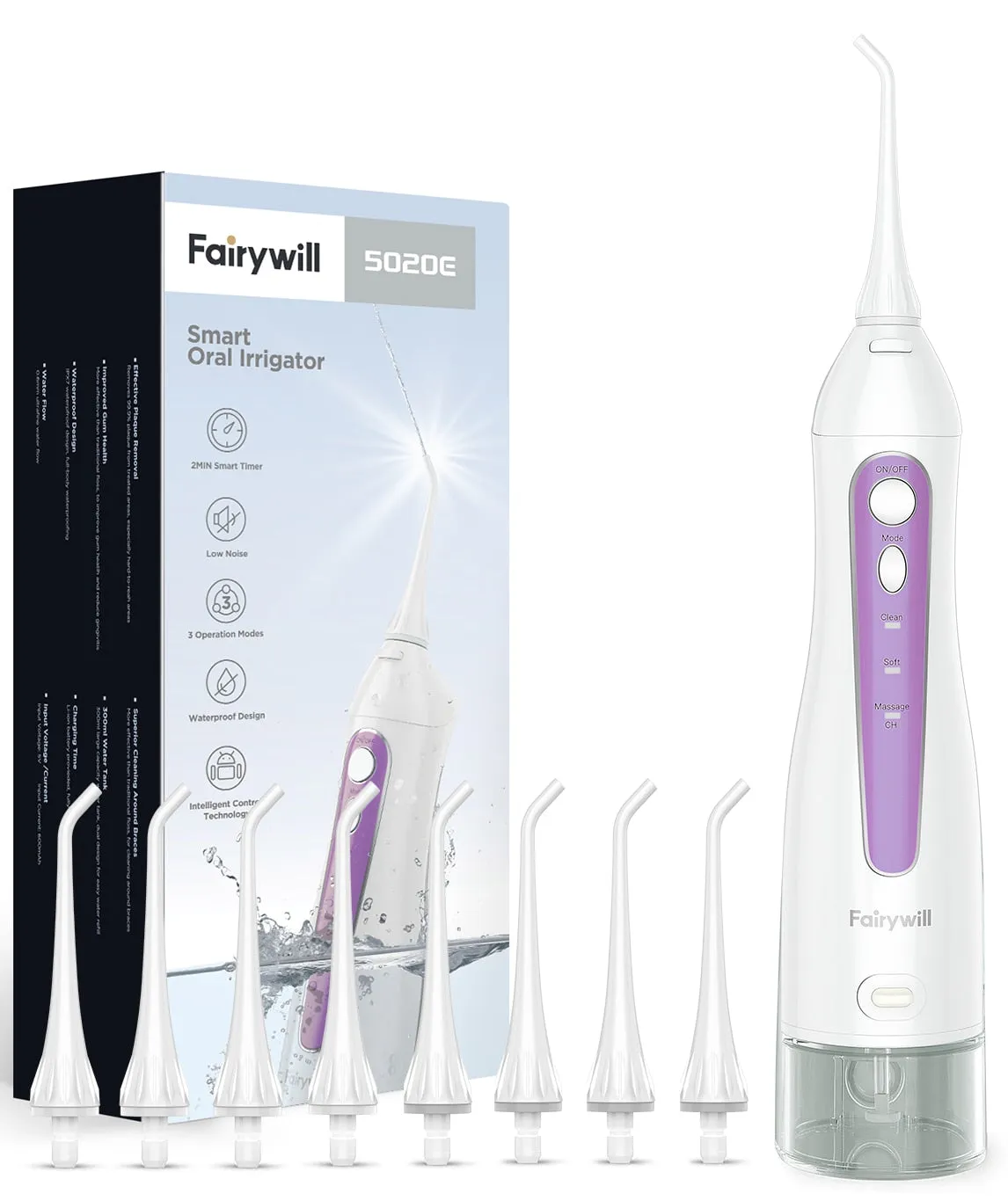 Fairywill Water Flossers for Teeth 300ML Oral Irrigator Rechargeable Portable Dental 3 Modes Water Tank Waterproof Teeth Cleaner