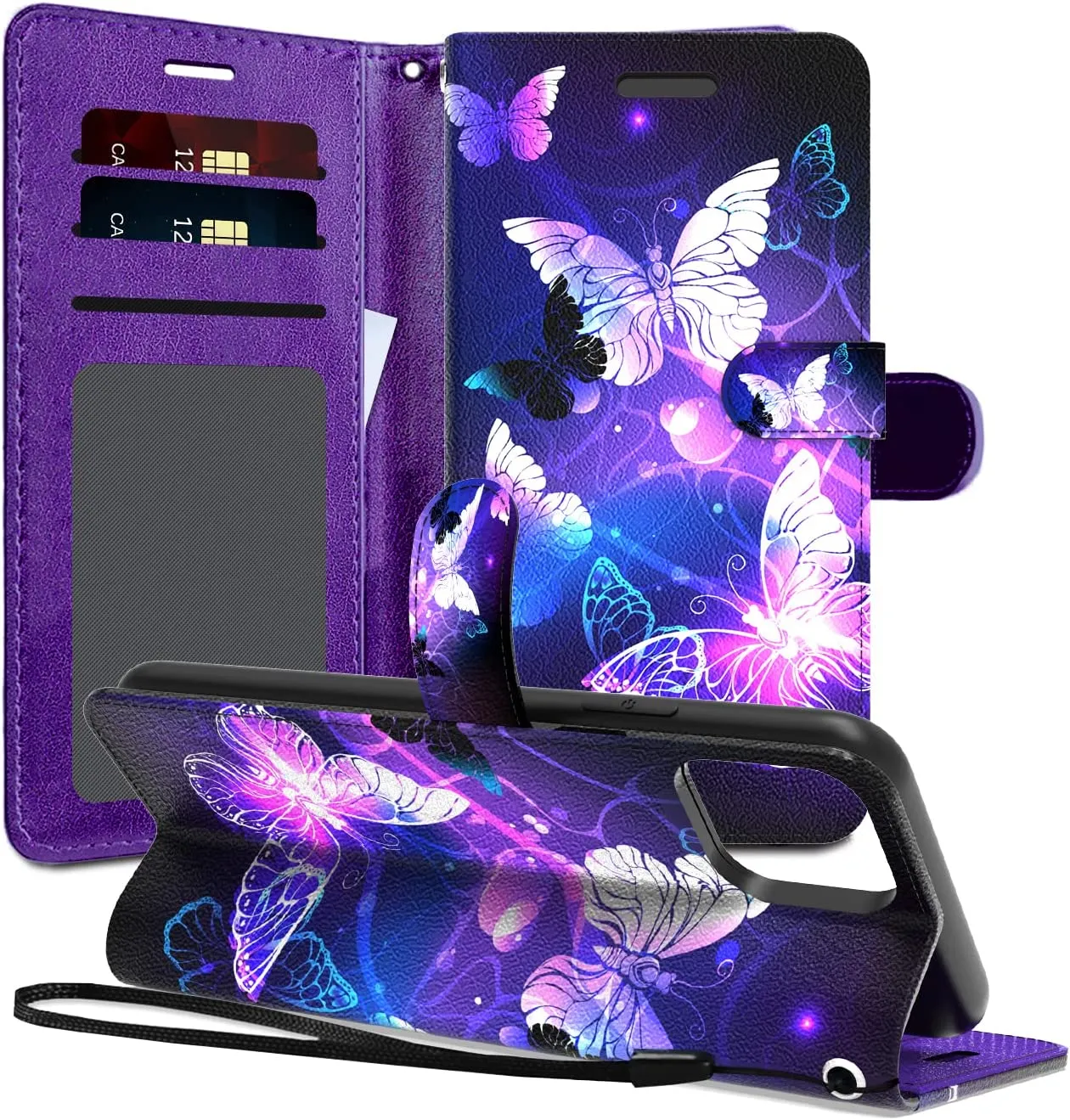 iPhone 14 Pro Max Case Hand Strap PU Leather Clip Flip Case Butterfly