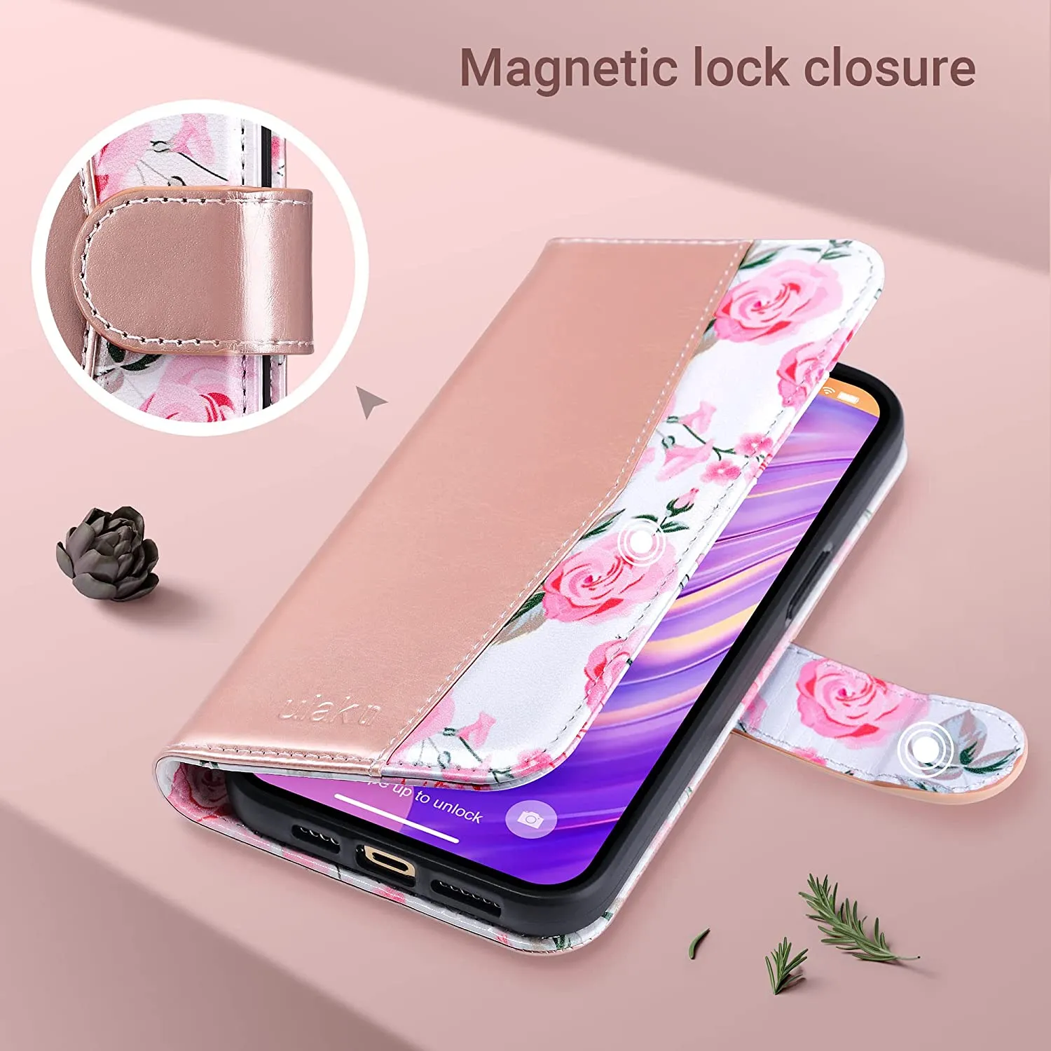 iPhone 14 Pro Max Wallet Case Flip Protective Cover Rose Gold