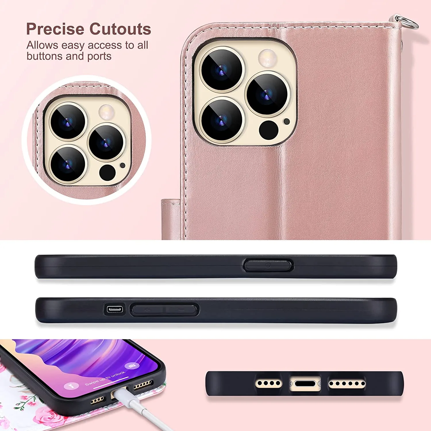 iPhone 14 Pro Max Wallet Case Flip Protective Cover Rose Gold