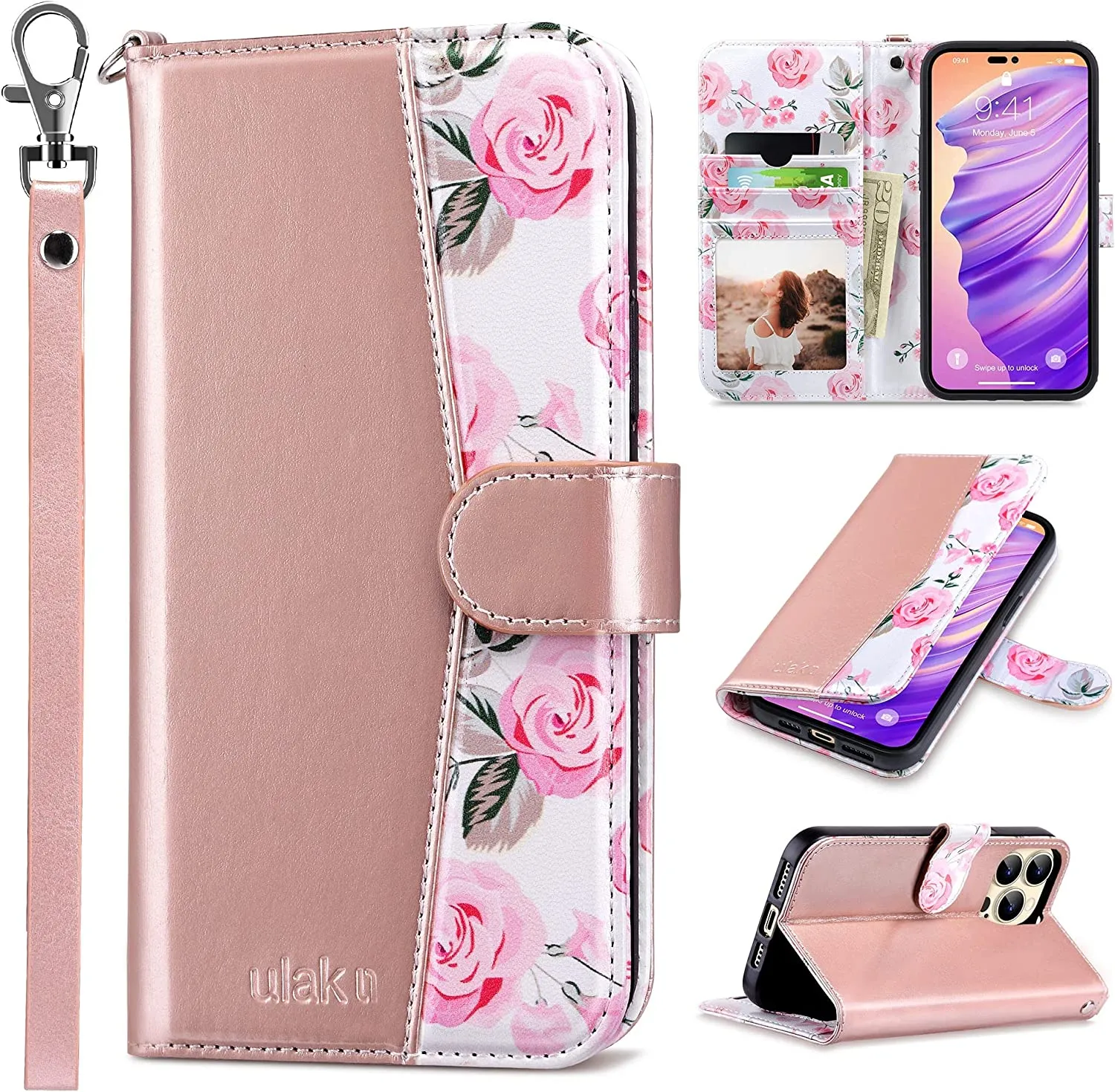 iPhone 14 Pro Max Wallet Case Flip Protective Cover Rose Gold