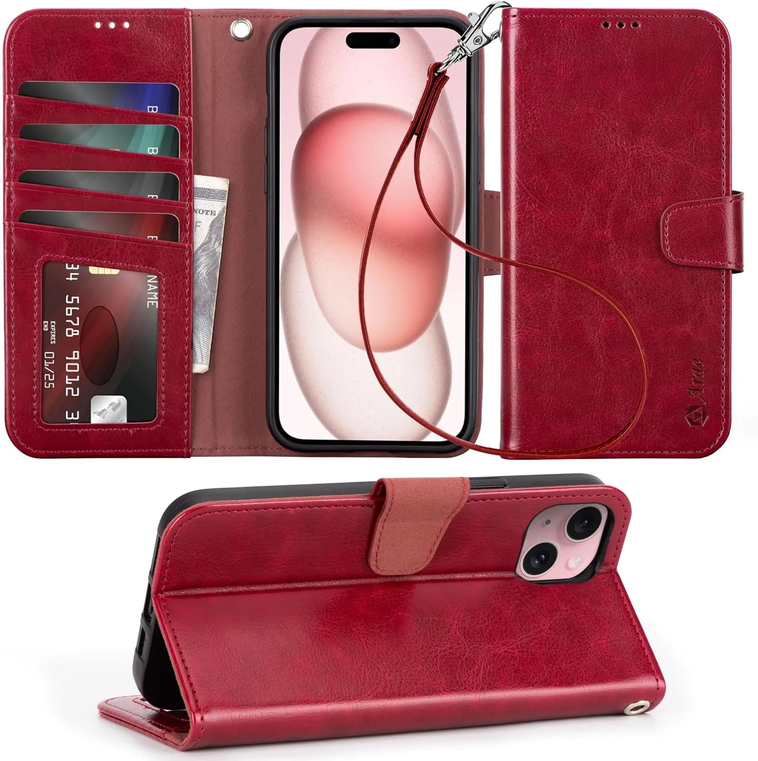 iPhone 15 Plus Case Card Holder  Wrist Strap Wallet Flip Cover