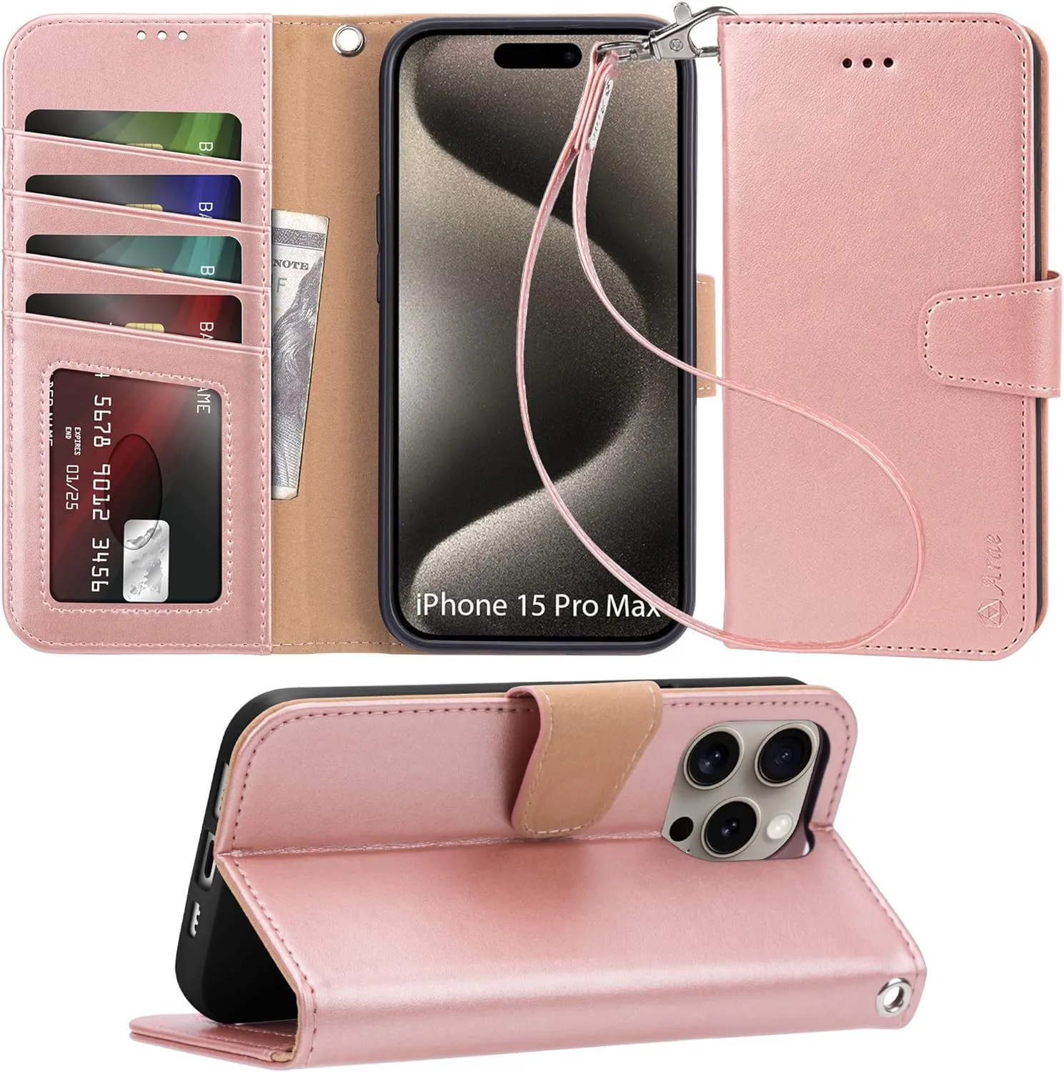 iPhone 15 Plus Case Card Holder  Wrist Strap Wallet Flip Cover