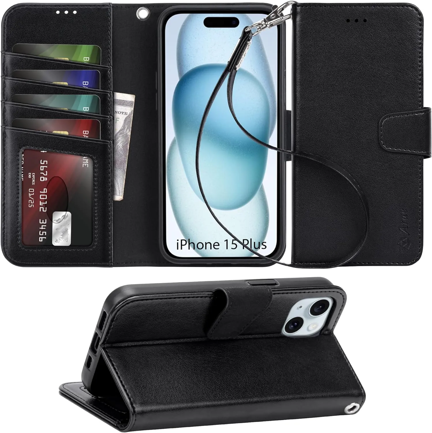 iPhone 15 Plus Case Card Holder  Wrist Strap Wallet Flip Cover