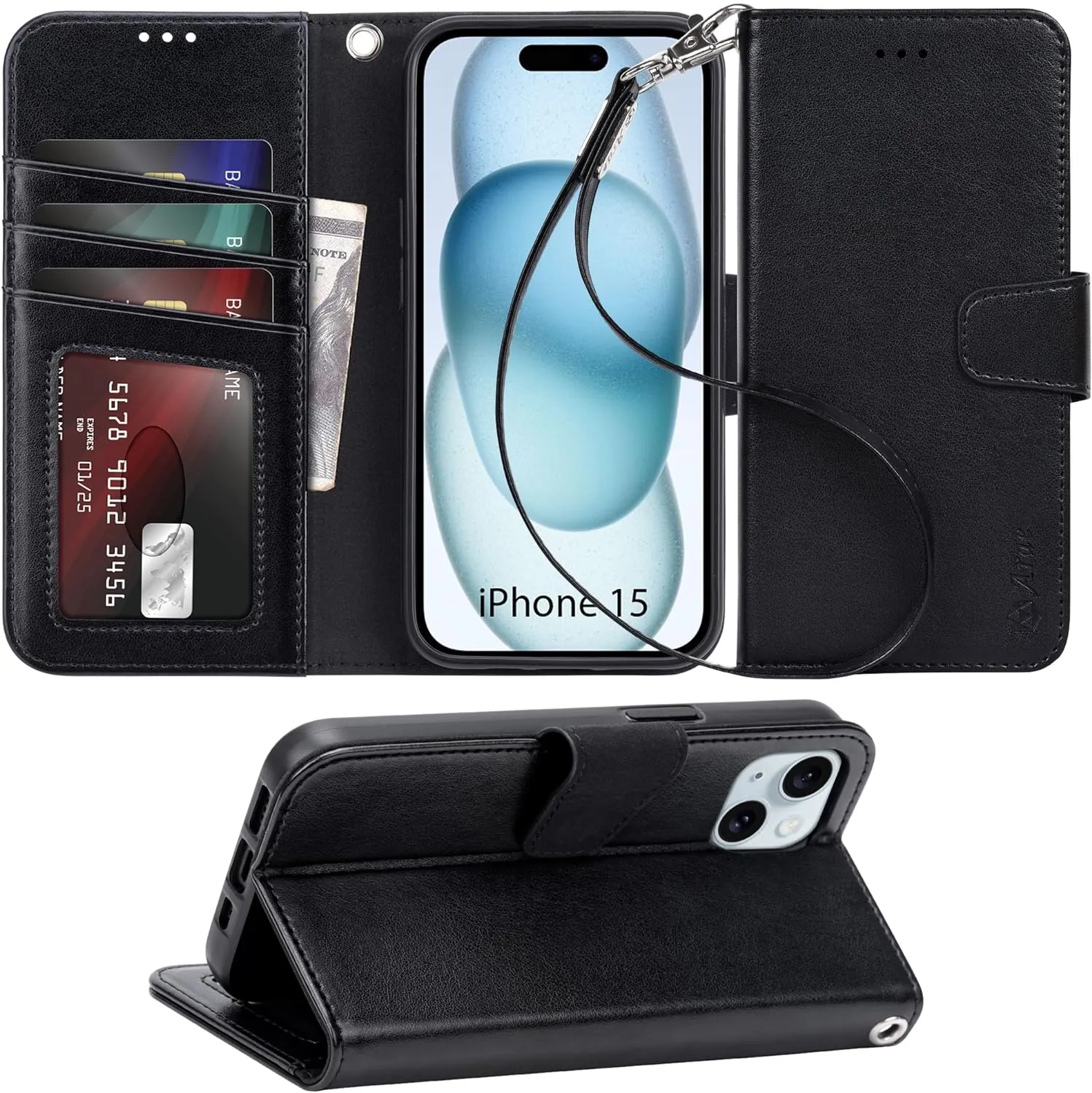 iPhone 15 Plus Case Card Holder  Wrist Strap Wallet Flip Cover