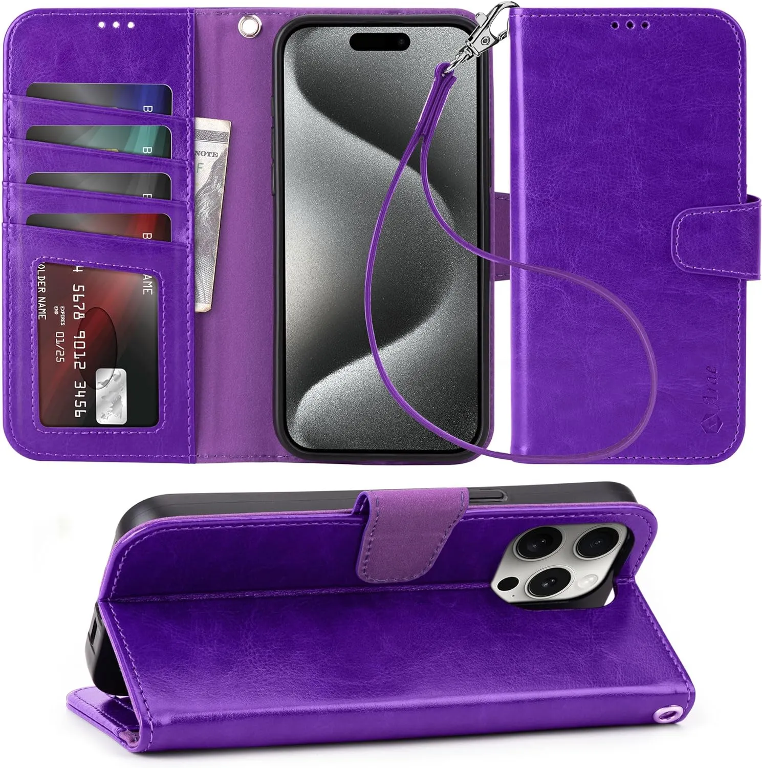 iPhone 15 Plus Case Card Holder  Wrist Strap Wallet Flip Cover