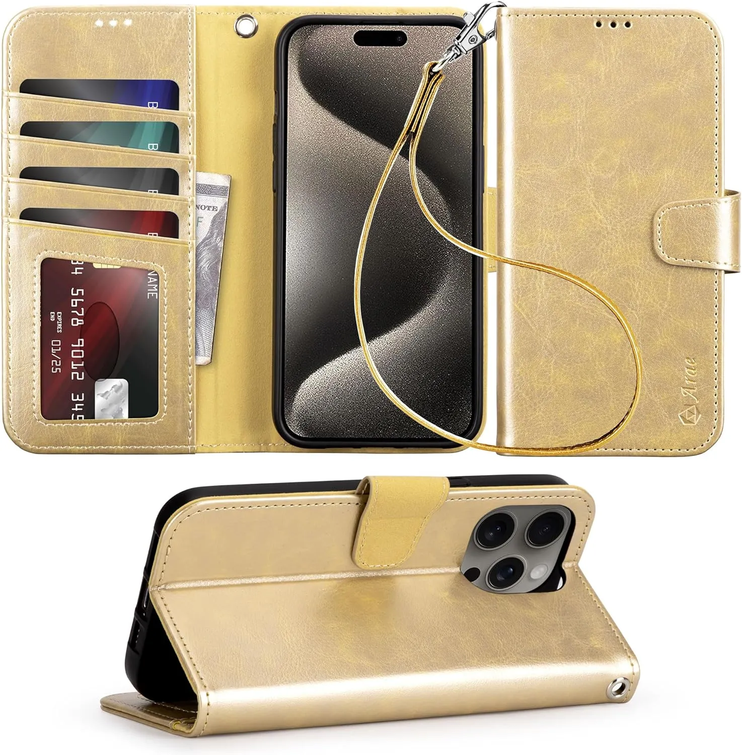 iPhone 15 Plus Case Card Holder  Wrist Strap Wallet Flip Cover