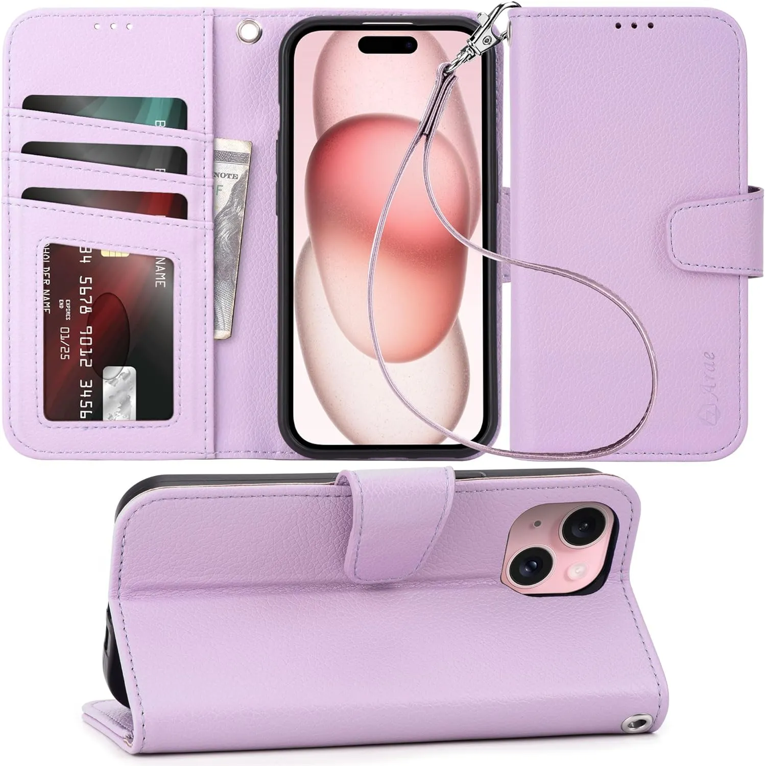 iPhone 15 Plus Case Card Holder  Wrist Strap Wallet Flip Cover