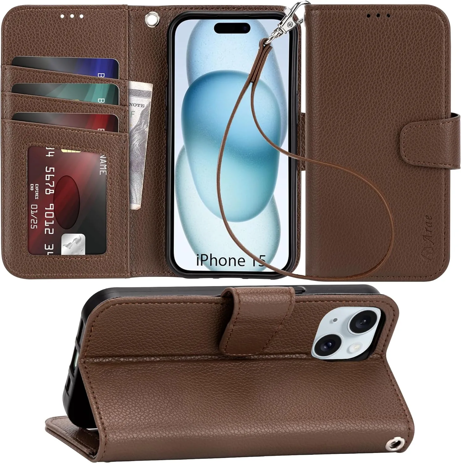 iPhone 15 Plus Case Card Holder  Wrist Strap Wallet Flip Cover